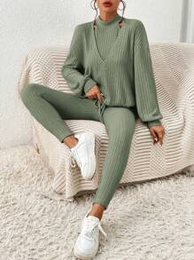 SHEIN Essnce Thả vai Viền chia cắt Áo thun & Áo hai dây & Xà cạp - màu xanh lá - Xem 1