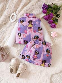 女嬰人像圖案拉鏈開襟夾克背心&半身裙 - 粉色 - 查看 3