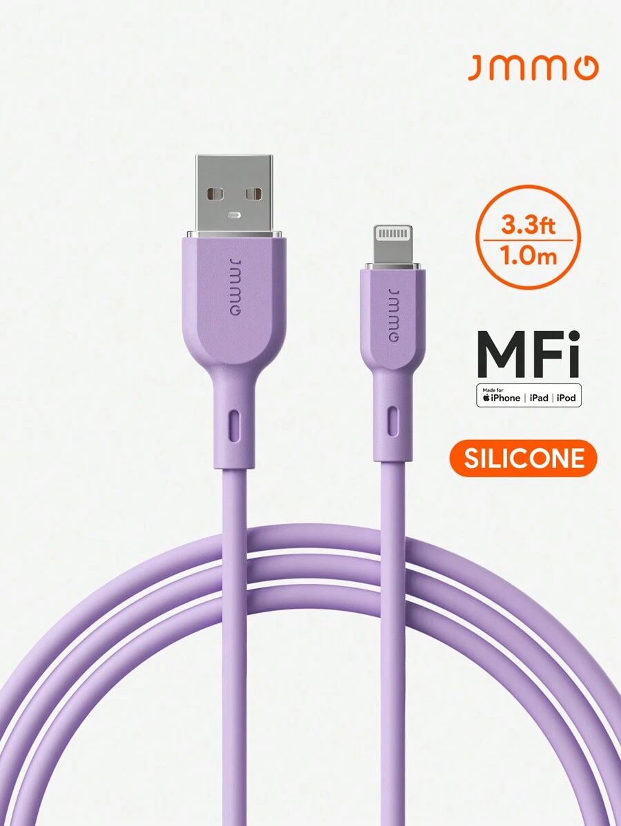 JMMO 矽膠 USB-A 轉 Lightning 傳輸線，USB 轉 Lightning 充電線 3.3FT/1M [Apple MFi 認證] 聖誕禮物，秋冬必備 - 紫色 - 查看 1
