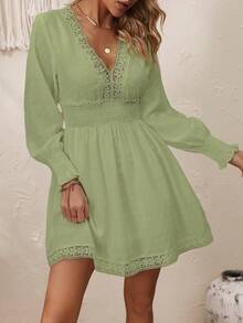 SHEIN VCAY Chấm Swiss Chèn ren Guipure Tay áo lồng đèn Đầm - màu xanh lá - Xem 4