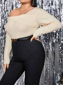 SHEIN Unity Pull asymétrique à col plissé en tricot côtelé, pull-over tricoté pour l'automne et l'hiver - Beige - Voir 5