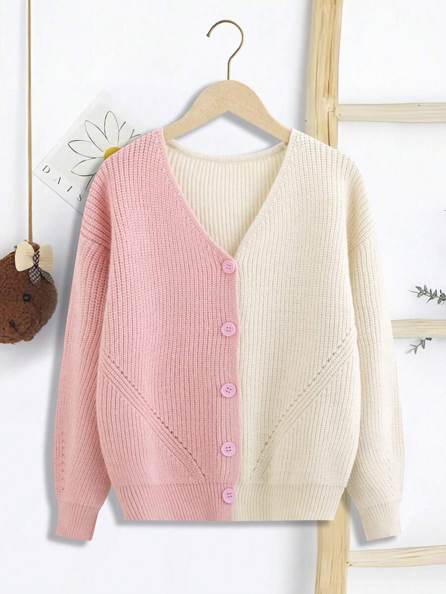 SHEIN Tween Girl Two Tone Drop Shoulder Open Knit Detail Cardigan - Pink - View 1