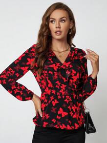 SHEIN Clasi 通體印花荷葉邊燈籠袖打結側裹式襯衫 - 彩色 - 查看 3