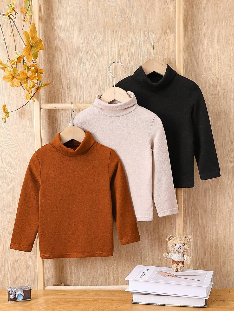 SHEIN 男小童3入組素色高領T恤 - 紅色 - 查看 1