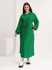 Seusyu Plus Drop Shoulder Belted Dress - Green - View 1