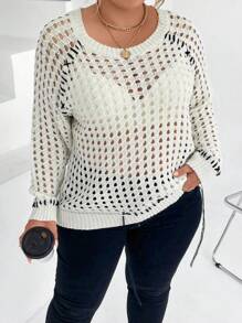 Calvaya 镂空插肩袖针织套头衫（不含胸罩）秋冬毛衣 - 米色 - 查看 1