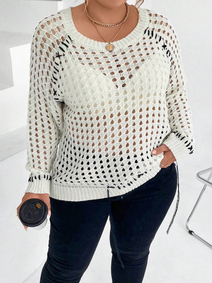 Calvaya 镂空插肩袖针织套头衫（不含胸罩）秋冬毛衣 - 米色 - 查看 1