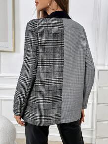 SHEIN Privé Houndstooth Print Double Breasted Blazer Without Belt