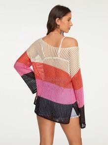 SHEIN VCAY 撞色鏤空不規則肩罩衫不附比基尼上衣 - 彩色 - 查看 2