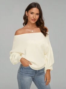 SHEIN Privé Off Shoulder tay cánh Đồ đan Ribbed Áo len - trắng - Xem 3