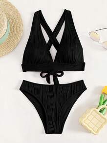 SHEIN Swim Summer Beach Plain Criss Cross Tie Back Bikini Set - Black - View 5