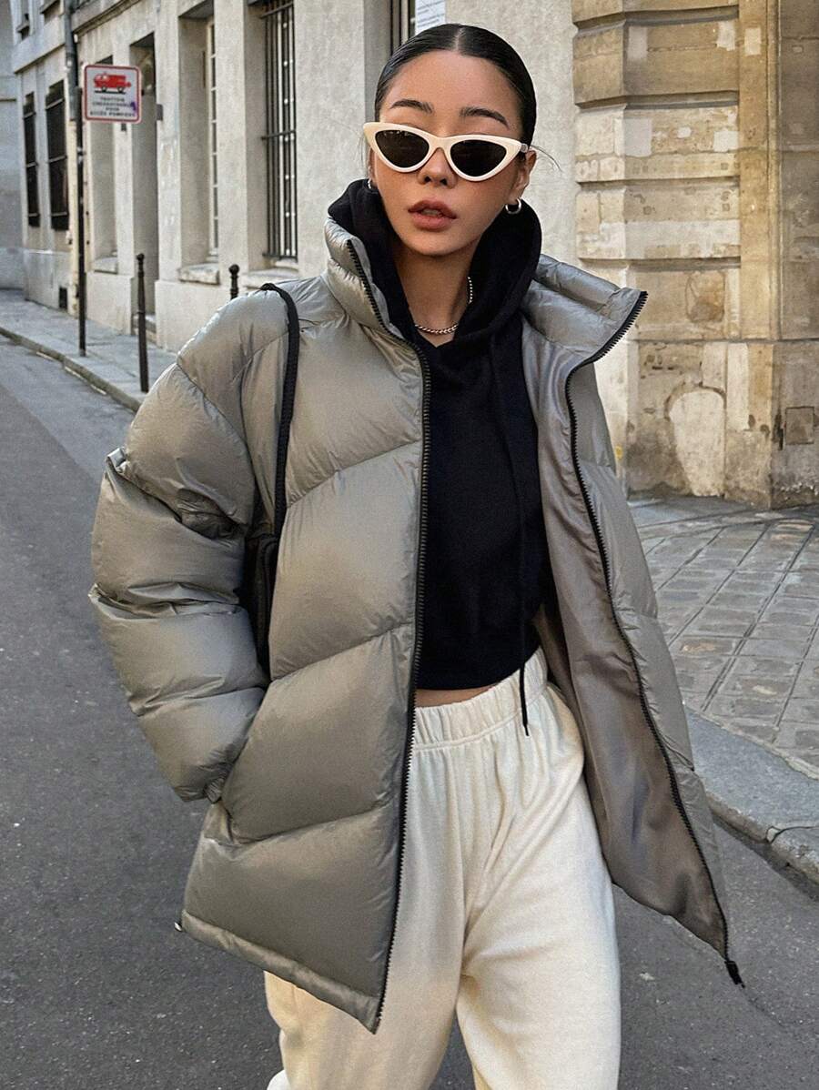 DAZY 拉链抽绳下摆加厚口袋加厚外套，女士冬季外套夹克 - 灰色 - 查看 1