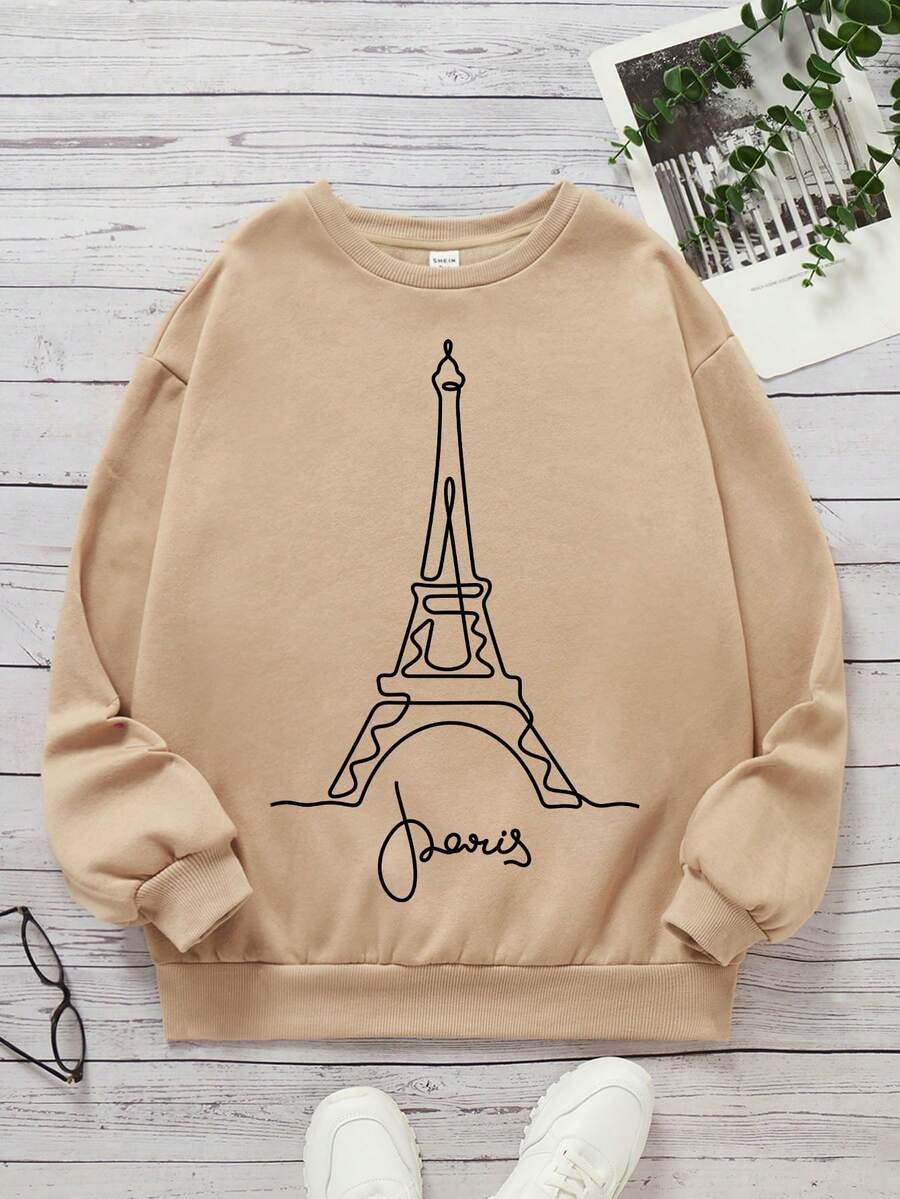 Thiếu niên cô gái Tòa tháp & Đồ họa Chữ cái Áo chui đầu - Màu Khaki - Xem 1