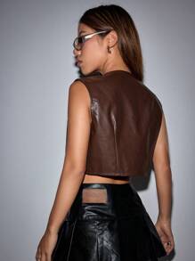SHEIN Unity 拉鏈開襟短款PU皮革夾克背心 - 棕色 - 查看 2