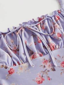 SHEIN MOD Top halter con estampado floral pecho con fruncido ribete fruncido - Morado - Ver 4