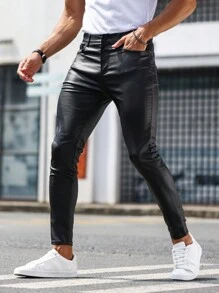 Manfinity LEGND Men Solid Skinny Jeans Slim Fit Long Washed Dark Wash Jean Cargo Plain Black Going Out Fashion Friends Going Out Hang Out Commute Party Street - Black - View 6