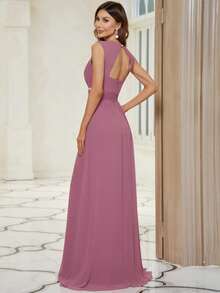 EVERPRETTY Plunging Neck Pearls Beaded Chiffon Bridesmaid Dress - Dusty Pink - View 2