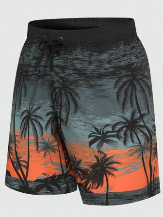 男士熱帶圖案腰部抽繩泳褲