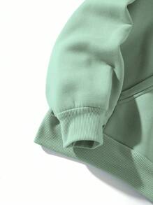 SHEIN EZwear 素色袋鼠口袋抽繩加絨內裏連帽衫 - 薄荷綠 - 查看 3