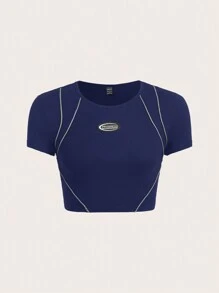 SHEIN ICON Thư được vá Contrast Piping Áo phông Crop - Màu xanh hải quân - Xem 1