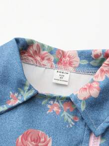 SHEIN Young Girl Floral Print Zip Up Jacket - Blue - View 4