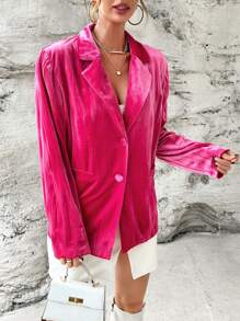 SHEIN Privé Lapel Neck Single Breasted Velvet Blazer - Hot Pink - View 5