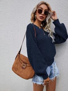 SHEIN LUNE Áo len nữ màu trơn Giải trí - Xanh đậm - Xem 5