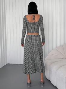 RueChic Houndstooth Print Tee & Knot Front Skirt - Black and White - View 2