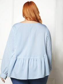 SHEIN CURVE+ Plus Striped Print Ruffle Hem Blouse - Blue - View 2