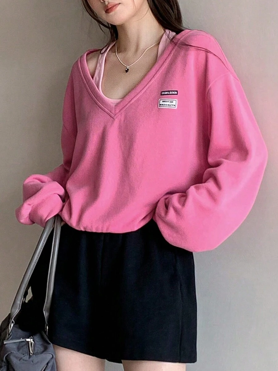 DAZY 字母貼布落肩袖二合一運動衫 - 粉色 - 查看 1