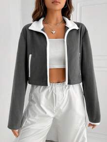 Muchica Zip Up Crop Jacket - Grey - View 5