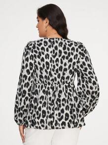 SHEIN Privé 大碼豹紋印花燈籠袖前打結荷葉邊下擺襯衫 - 灰色 - 查看 2