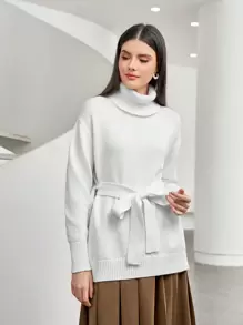 Seusyu Turtleneck Drop Shoulder Sweater - White - View 5