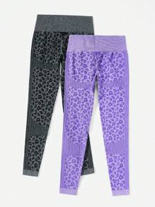 2pcs Seamless Leopard Print Wideband Waist Sports Leggings