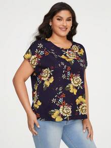 SHEIN LUNE Hơn In hoa tay cánh Áo sơ mi - Màu xanh hải quân - Xem 5