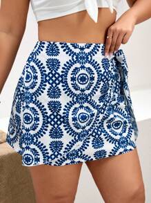 SHEIN VCAY Plus Allover Print Knot Side Summer Skirt - Blue and White - View 5