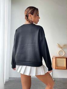 SHEIN EZwear 字母圖案落肩袖運動衫 - 黑色 - 查看 2