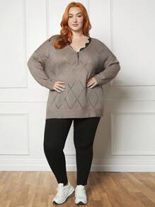 SHEIN CURVE+ Plus Half Zip Drop Shoulder Pointelle Knit Sweater - Khaki - View 4