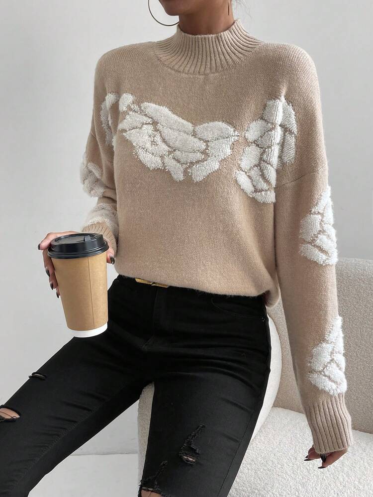 Cloud Pattern Mock Neck Drop Shoulder Knit Pullover Fall Winter Sweater