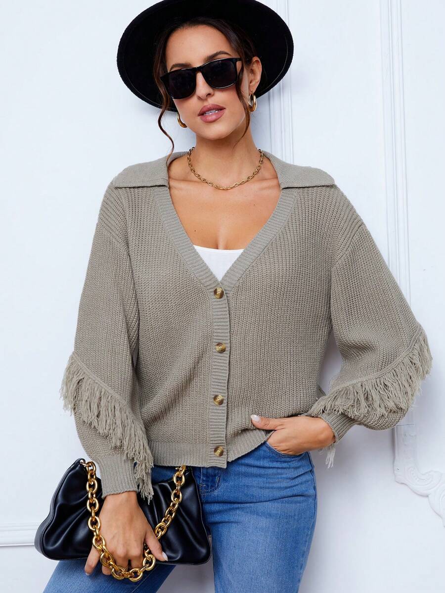 SHEIN Tall Fringe Trim Drop Shoulder Button Front Cardigan - Grey - View 1