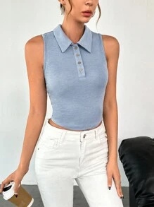 SHEIN Essnce Polo Neck Crop Tank Top - Blue - View 3