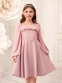 SHEIN 女大童毛茸邊珍珠串珠燈籠袖洋裝 - 粉色 - 查看 4