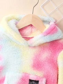 SHEIN 女小童紮染字母貼布袋鼠口袋毛絨帽衫