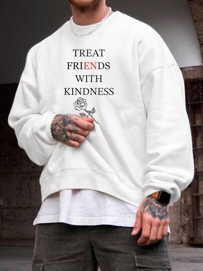 Manfinity Homme Loose Fit Men's Sweatshirt With Slogan, Floral Graphic And Drop Shoulder Design (Without T-Shirt)