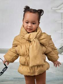SHEIN Baby Girl Zip Up Padded Coat & Scarf,In Fall/Winter - Khaki - View 5