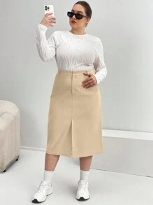 SHEIN Essnce Plus High Waist Split Hem Straight Skirt - Apricot - View 4