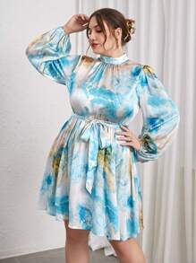 SHEIN Privé 大碼大理石圖案小高領燈籠袖繫腰帶洋裝 - 藍色 - 查看 4