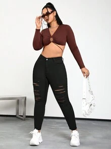 SHEIN ICON 大碼高腰破洞緊身牛仔褲 - 黑色 - 查看 2