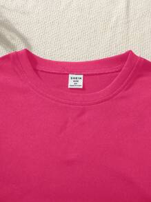 SHEIN Cô gái Tween Mặt cung Áo thun - Màu Hồng Tươi - Xem 3