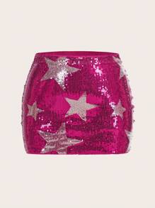 SHEIN ICON 大碼星星圖案亮片包臀半身裙 - 玫紅色 - 查看 1